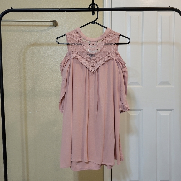 As U Wish Dusty pink crochet Bib Cold shoulder mini dress size Small - Picture 1 of 7